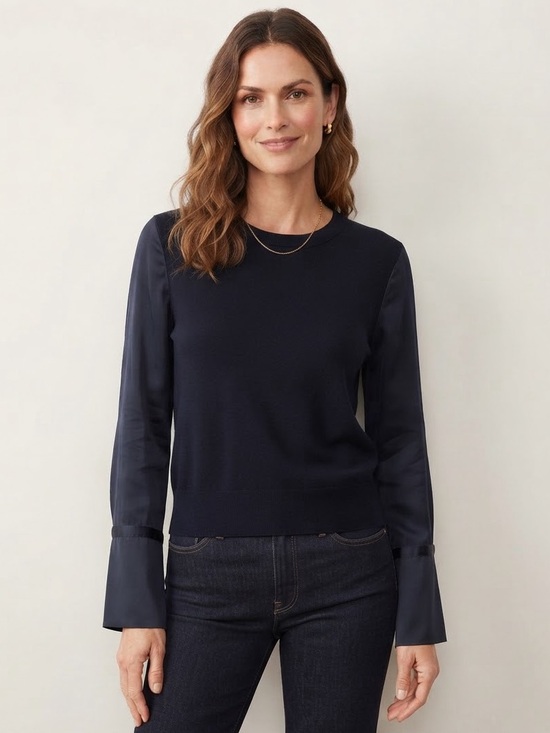 COS Sweaters - COS Sz M Navy Mixed Media Cotton Silk Minimalist Sweater